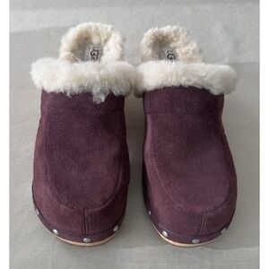 UGG Australia Shearling Clogs Womens 10 Plum Suede Wood Sole Slip On Fur Lined